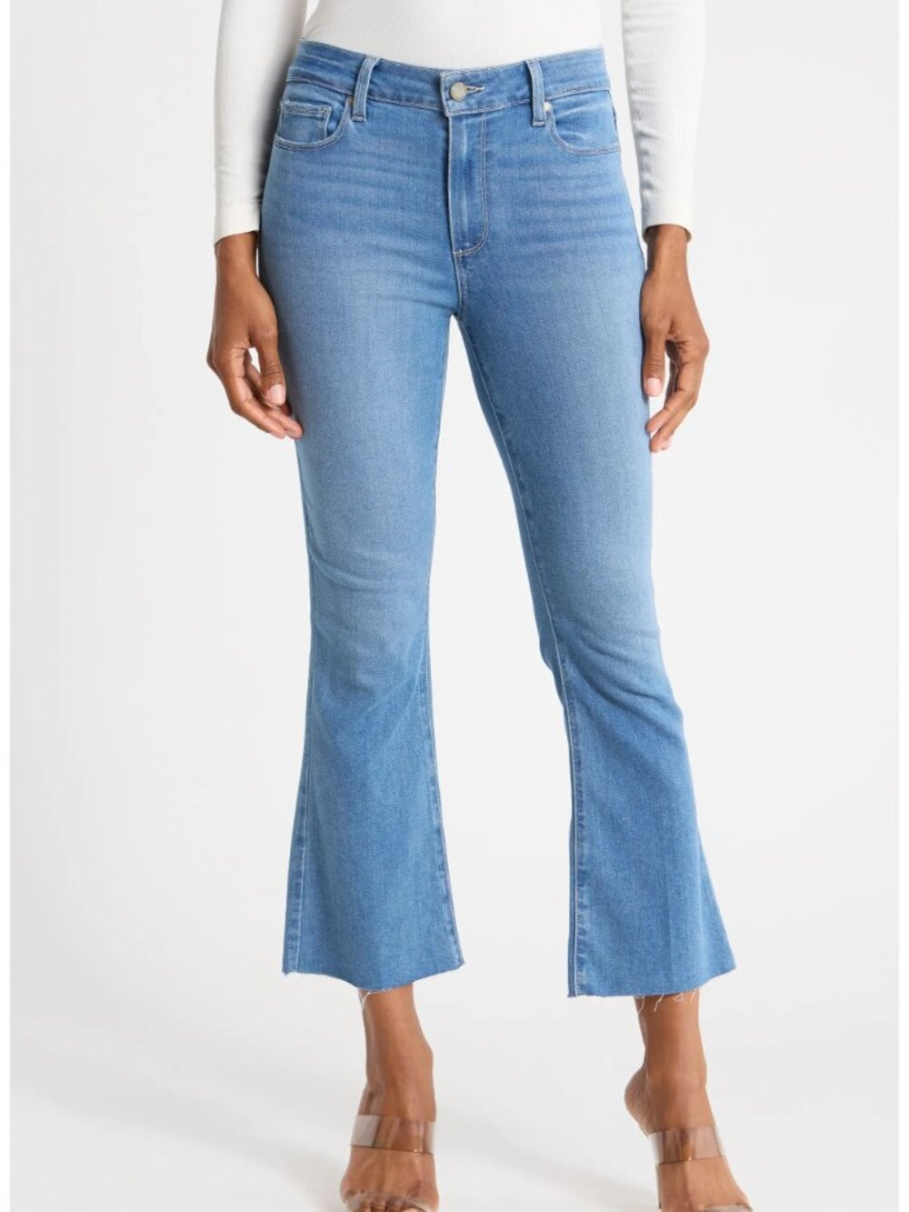 PAIGE Jeans Women 25 Light Blue Cotton Rory Crop Flare Raw Hem Stretch P4216